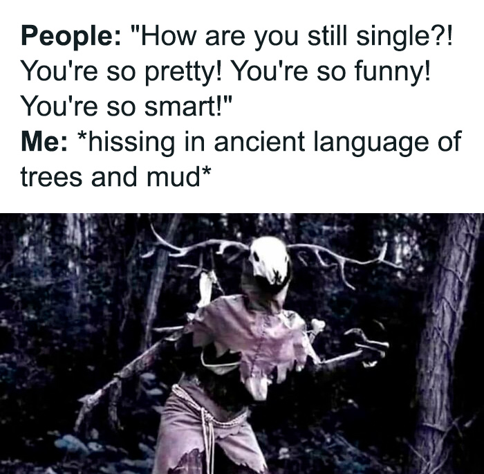 A forest creature meme with humorous text about being single, perfect for anyone with a spicy brain.