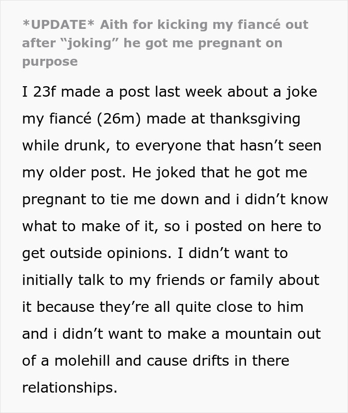 Text about a woman's reaction to her fiancé's joke regarding accidental pregnancy, seeking advice and opinions.