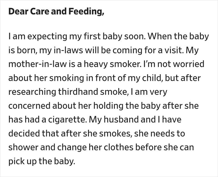 Text excerpt about a new mom's concerns with third-hand smoke from a heavy-smoking MIL.