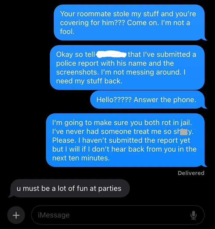 Text conversation about friend’s roommate who stole items from an apartment.