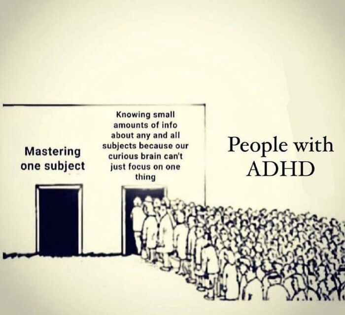 Crowd labeled "People with ADHD" choosing room labeled "Curious brain" over "Mastering one subject."