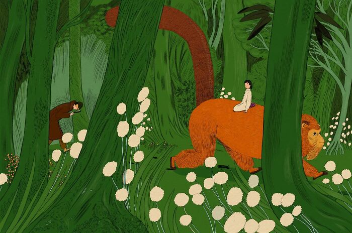 Whimsical and surreal illustration of a person riding an orange creature in a lush green forest.