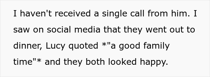 Text message about no calls and seeing family dinner on social media.