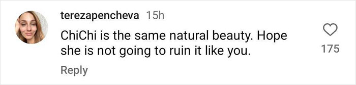 Screenshot of a comment discussing natural beauty in context of plastic surgery on social media.