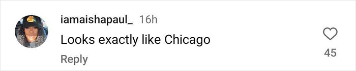 Comment on Kim Kardashian throwback photo mentioning resemblance to Chicago, with 45 likes.