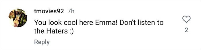 Comment screenshot showing support for Emma from 'Oppenheimer,' expressing, "You look cool here Emma! Don’t listen to the haters ;).