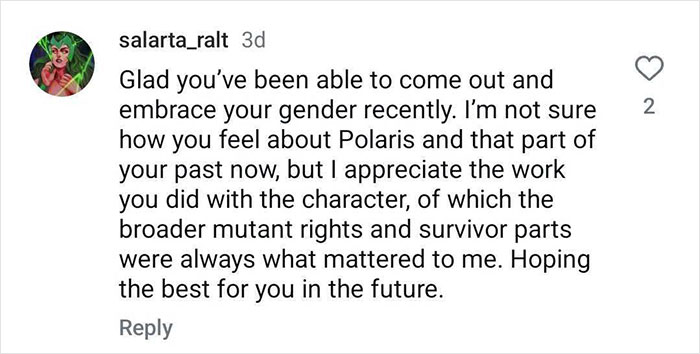 Instagram comment praising Emma Dumont for embracing identity and discussing a role in Polaris.