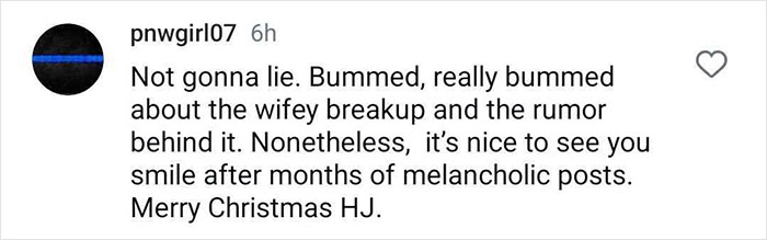 Comment discussing Hugh Jackman, rumors, and a recent breakup, expressing holiday wishes.