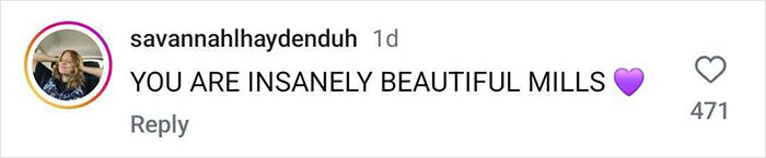 Comment praising beauty with heart emoji, mentioning \"Mills\" in response to Millie Bobby Brown looking older.