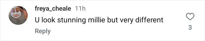 Comment about Millie-Bobby-Brown looking stunning but different, with a heart icon and three likes.