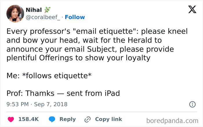 University life meme about email etiquette, showing humorous student-professor interaction and email response.