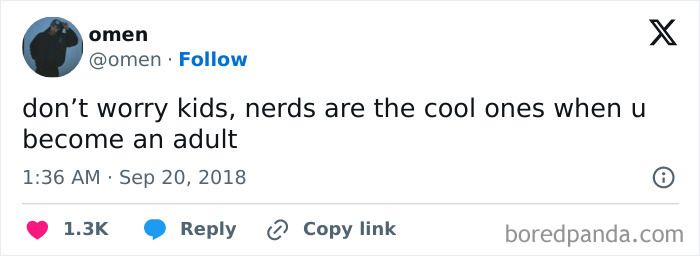 Screenshot of a tweet humorously discussing adult perspectives on nerds.