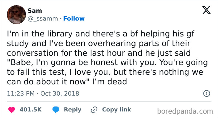 Tweet showing a humorous "university life" meme about overhearing a library conversation between a couple studying.