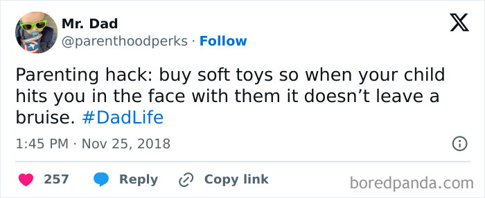 Tweet showing a parenting genius trick about using soft toys to avoid bruises, posted by Mr. Dad.