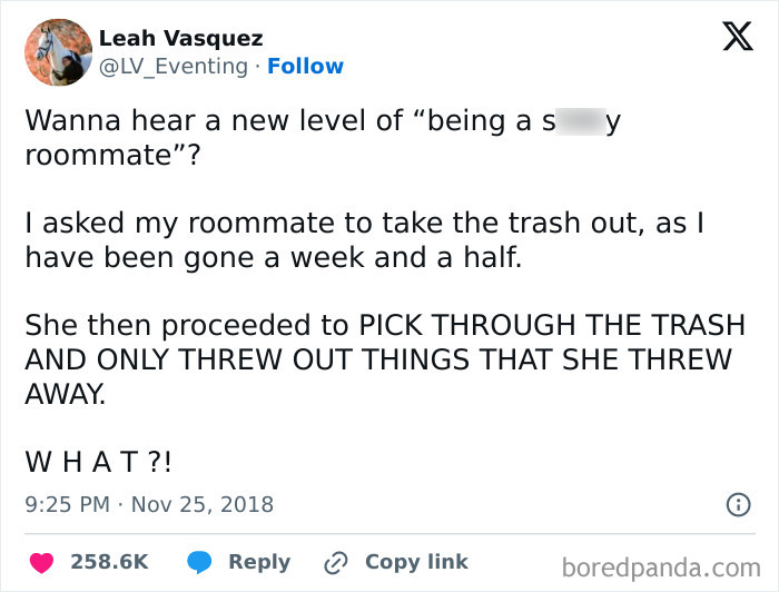 Tweet describing a story about horrible roommates dealing with trash.