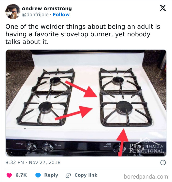 Stovetop with favorite burner arrows, highlighting adult preferences.