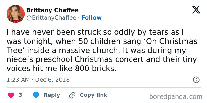 Tweet about emotional experience at a preschool Christmas concert, featuring children singing in a church.