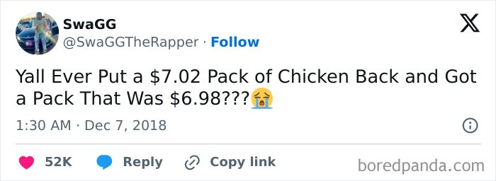 Tweet about adulting struggles with grocery shopping mishap over chicken prices.