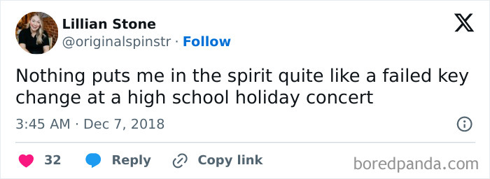 Tweet humorously discussing key changes at school Christmas holiday concerts.