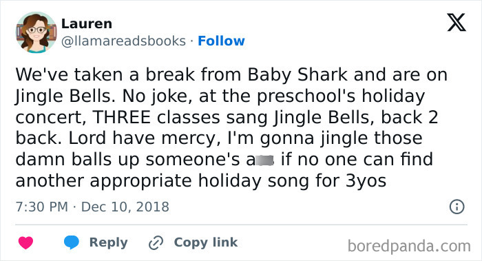 Tweet humorously captures chaos of school holiday concerts with repeated "Jingle Bells" performances.