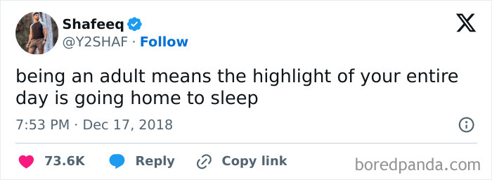 Tweet about being an adult highlights the joy of going home to sleep.