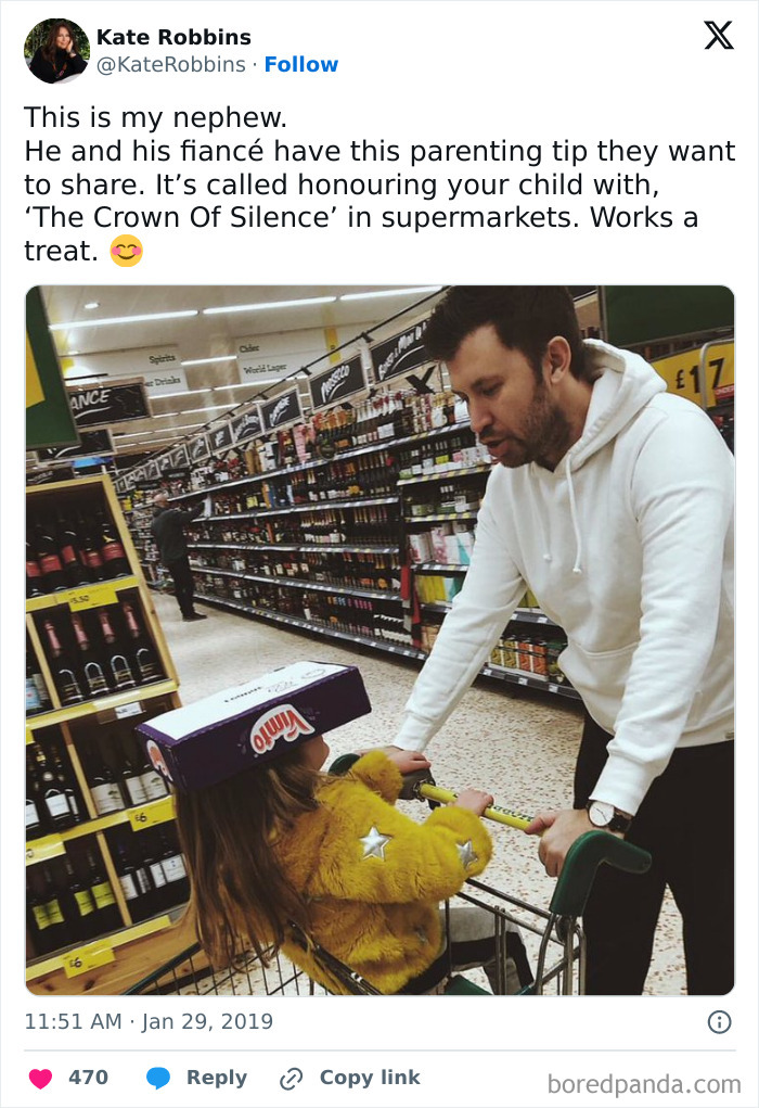 Man pushing a child in a shopping cart, using a cereal box as a playful hat, showcasing parenting genius tricks.