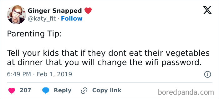 Tweet sharing a parenting-genius trick about getting kids to eat vegetables by changing the WiFi password.