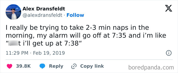 Tweet humorously describing the adult struggle of squeezing in morning naps before an alarm.