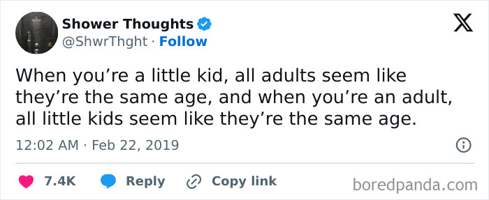 Tweet discussing the perception of age differences from childhood to being an adult.