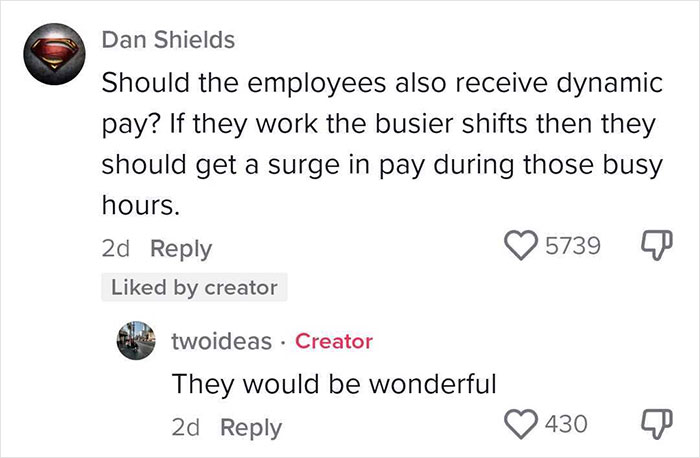 Comment on dynamic pay for busy retail shifts, highlighting capitalism and dystopian retail practices.