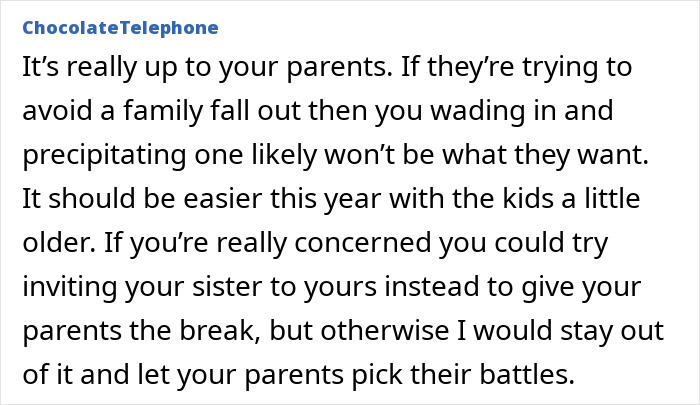 Text message discussing how children visiting older parents at Christmas should let them handle potential family conflicts.