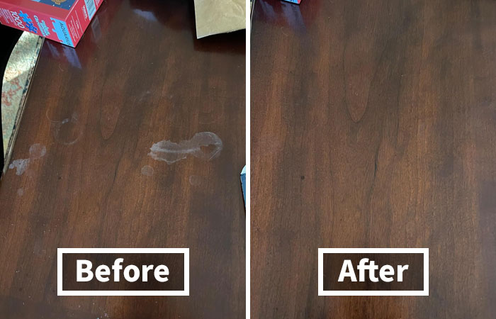 Before and after of a wooden table surface cleaned, showcasing a remarkable transformation this year.