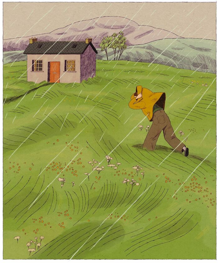 Illustrated person battling wind in whimsical, surreal countryside near a small house.