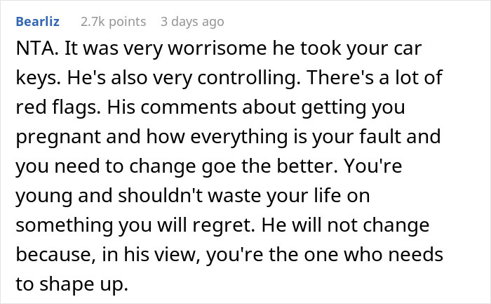 Text comment discussing concerns about pregnancy, upset fiance, and controlling behavior in a relationship.