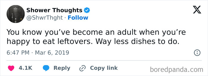 Tweet about being an adult appreciating leftovers to reduce dishes, from Shower Thoughts.