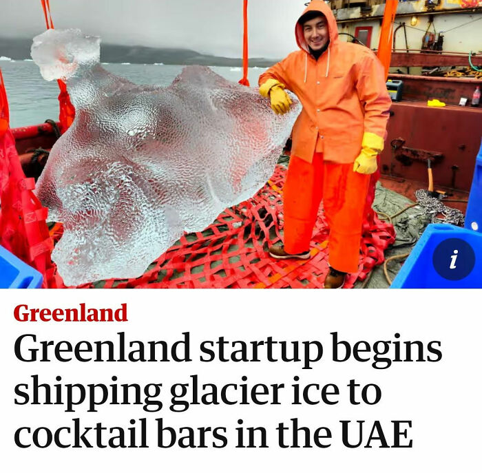 Person in orange gear on a boat with glacier ice, illustrating humans of capitalism.