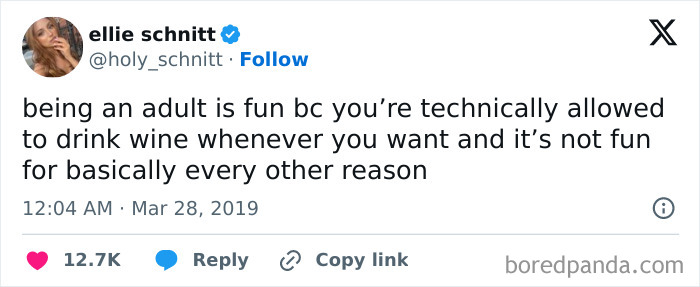 Tweet about being an adult, highlighting the freedom to drink wine anytime, humorously contrasting with other adult responsibilities.