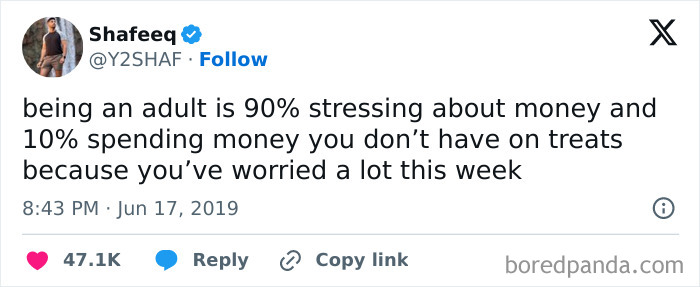 Tweet about being an adult, highlighting stress over money and treating oneself as relief.