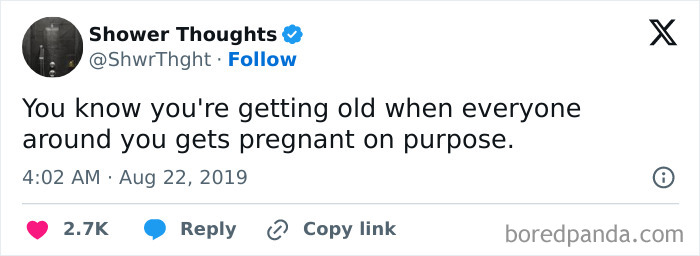 Tweet by Shower Thoughts about getting older, highlighting the adult experience.