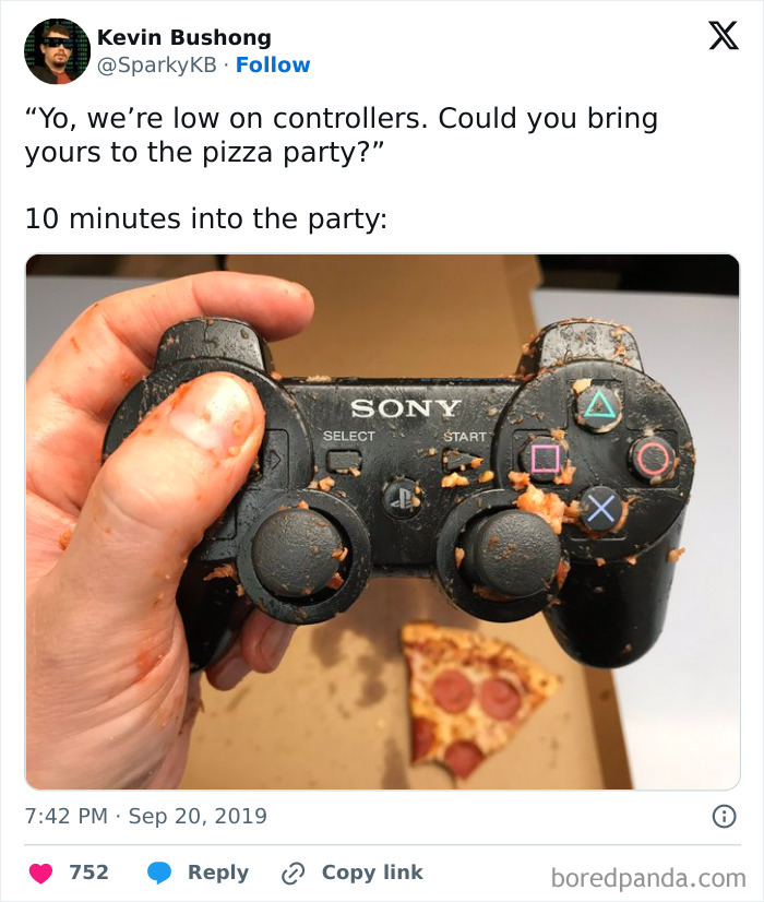 Messy game controller covered in pizza sauce at a party, reflecting lazy infuriating people tendencies.