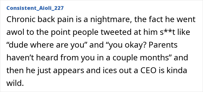 Text screenshot about chronic back pain and going AWOL, mentioning tweets and parental concern, ending with surprising CEO encounter.