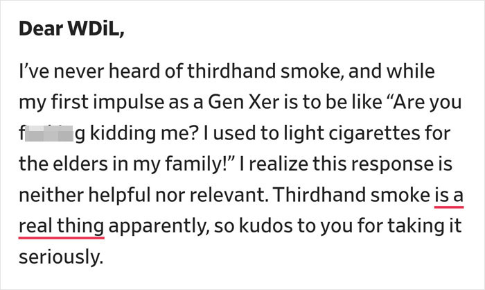 Text discussing third-hand smoke risks and setting boundaries with heavy-smoking MIL.