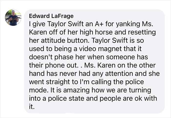 Text screenshot praising Taylor Swift for handling a situation assertively at a children’s hospital.