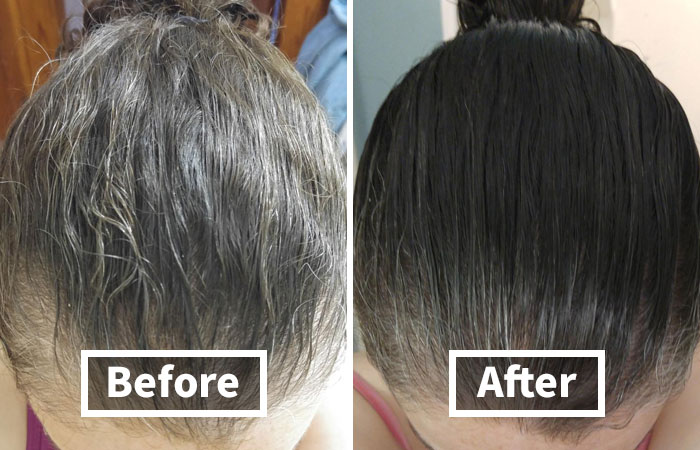 Hair transformation showing before with gray roots and after with dark, smooth hair.