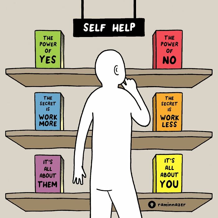 A person examines self help books with vibrant illustrations, including "The Power of Yes" and "The Power of No" by Ramin Nazer.