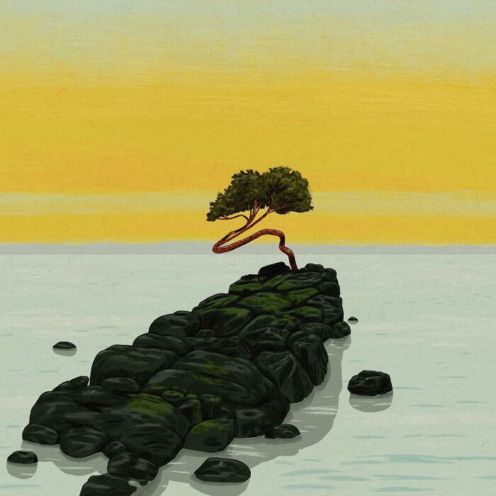 Whimsical surreal art of a solitary twisted tree growing from rocks in a serene water setting under a soft yellow sky.