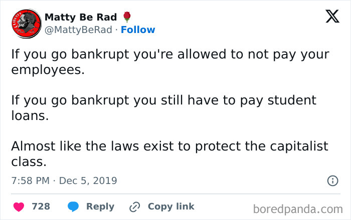 Tweet discussing bankruptcy laws and student loans, highlighting issues faced by today's lost generation.