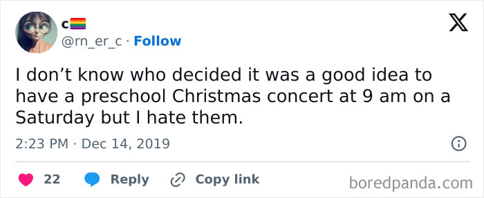 Tweet about an early preschool Christmas concert, with a humorous complaint regarding its timing on a Saturday morning.