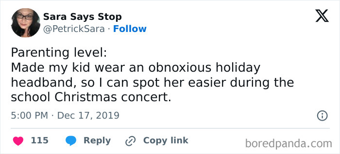 Tweet about a humorous parenting tactic for spotting a child at school Christmas concert.