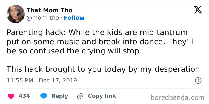 Tweet sharing parenting-genius-tricks about handling tantrums with music and dance, dated December 17, 2019.